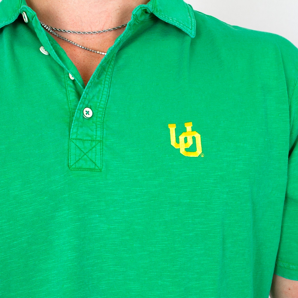 Interlocking UO, Green, Polo, Cotton Blend, Men, Unisex, Johnny-O, Dyed, Oregon design, Shirt, 942933